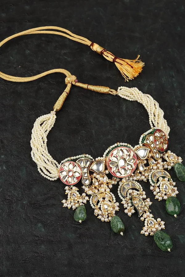 Red Rounds Pearls Green Jade Kundan Choker
