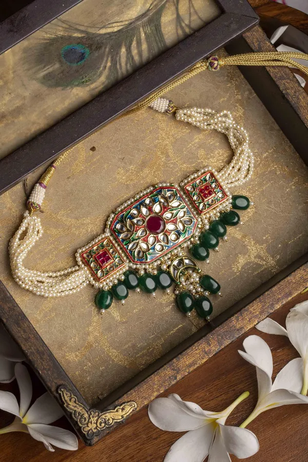 Green & Red Meenakari with Pearls Kundan Choker Necklace