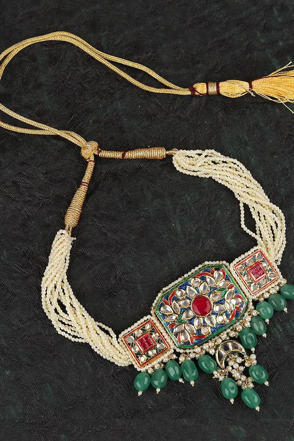 Green & Red Meenakari with Pearls Kundan Choker Necklace