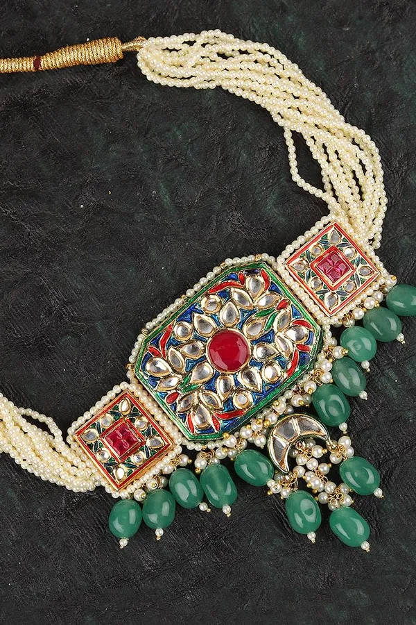 Green & Red Meenakari with Pearls Kundan Choker Necklace