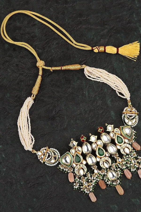 Standing Tall Green White Peach Kundan Choker