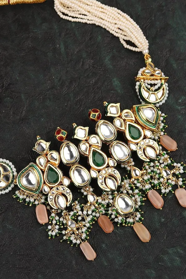 Standing Tall Green White Peach Kundan Choker