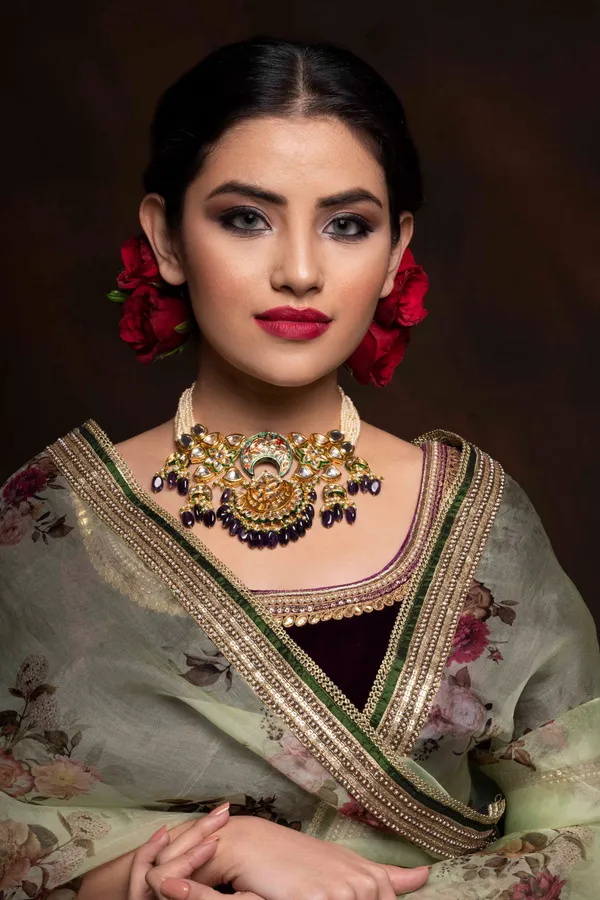 Purple Meenakari with Pearls Floral Motif Kundan Choker Necklace