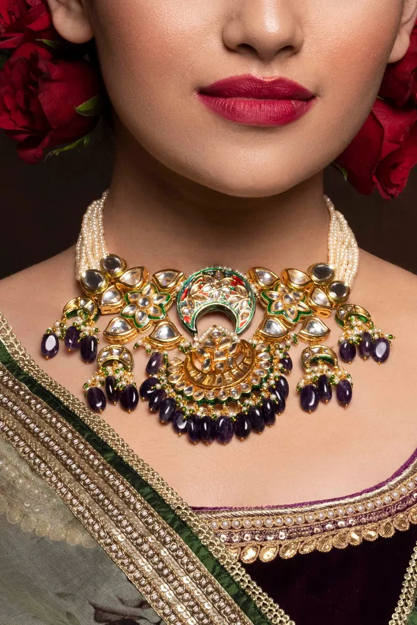 Purple Meenakari with Pearls Floral Motif Kundan Choker Necklace