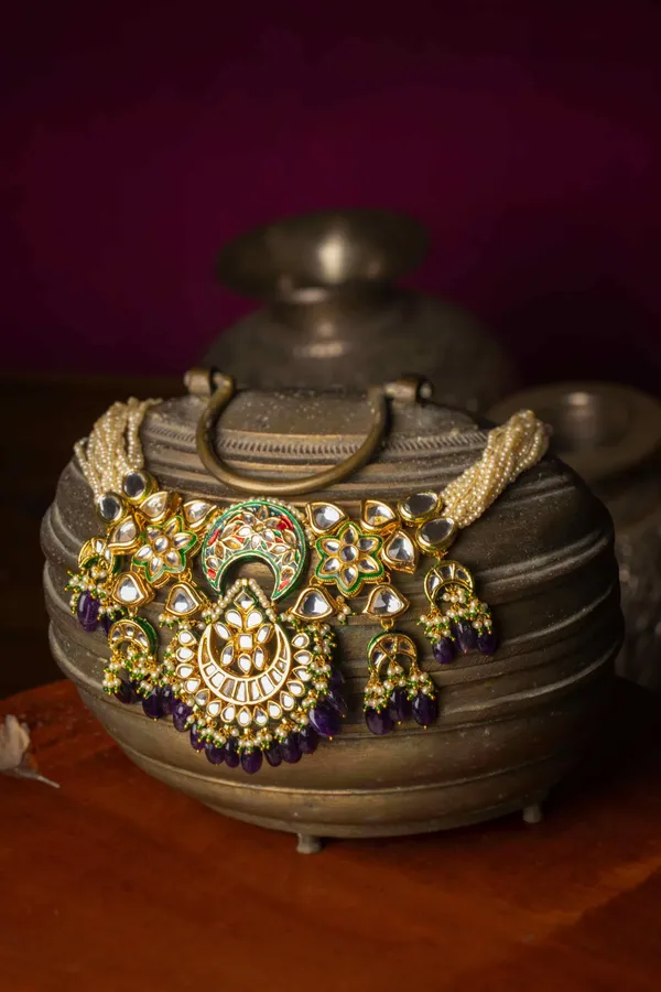 Purple Meenakari with Pearls Floral Motif Kundan Choker Necklace
