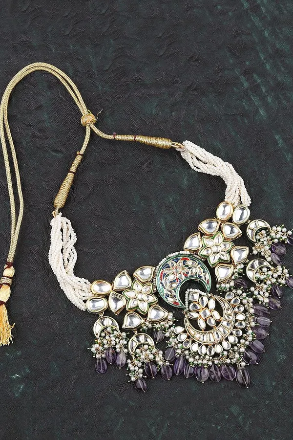 Purple Meenakari with Pearls Floral Motif Kundan Choker Necklace
