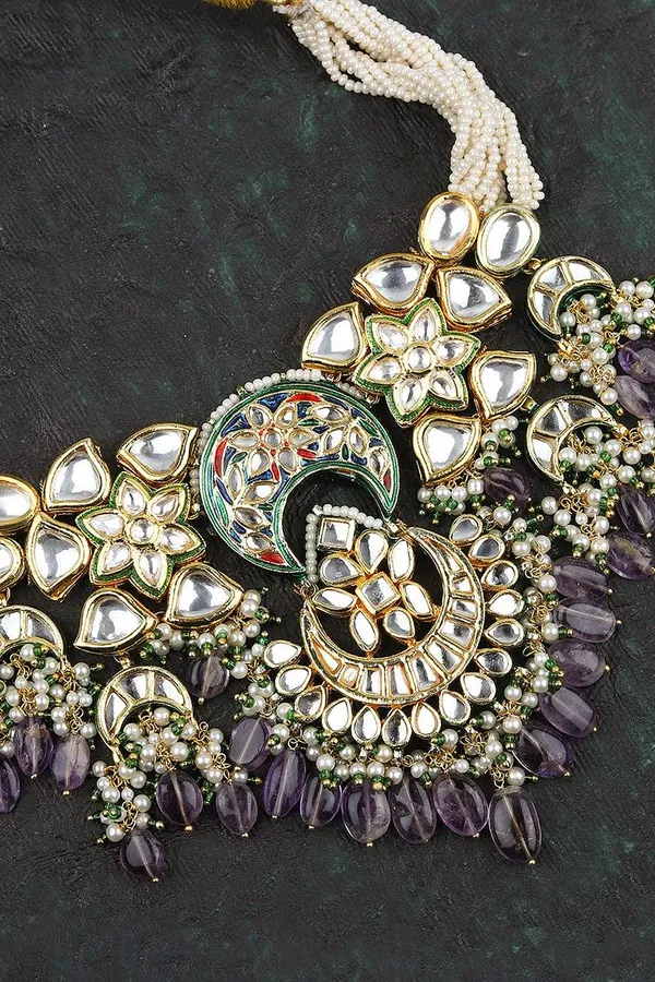 Purple Meenakari with Pearls Floral Motif Kundan Choker Necklace