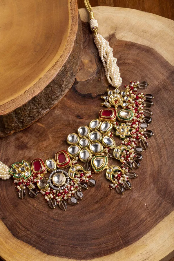 Smoked Drops with Pink Kundan & Pearls Choker Necklace
