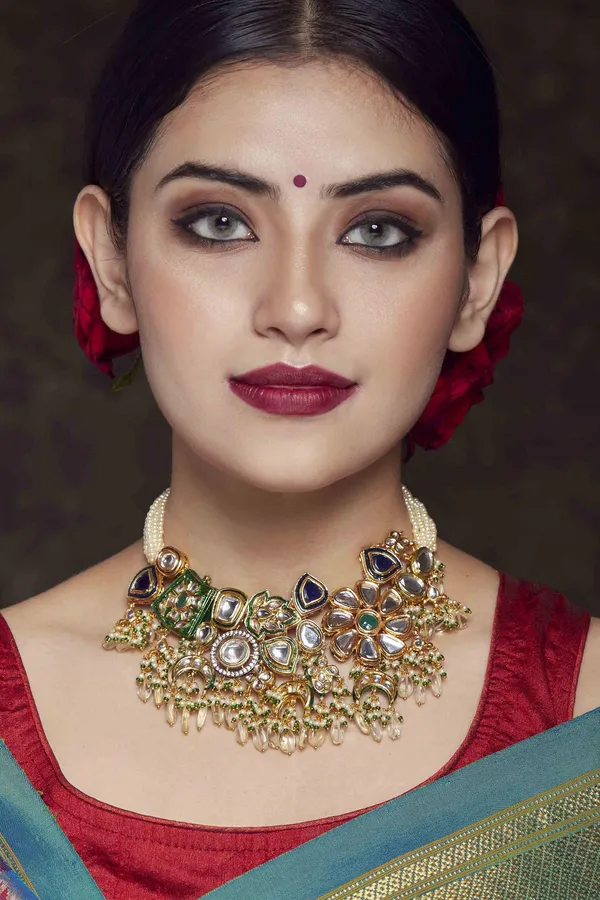 Earthy Blue & Green Kundan with Pearls Choker Necklace