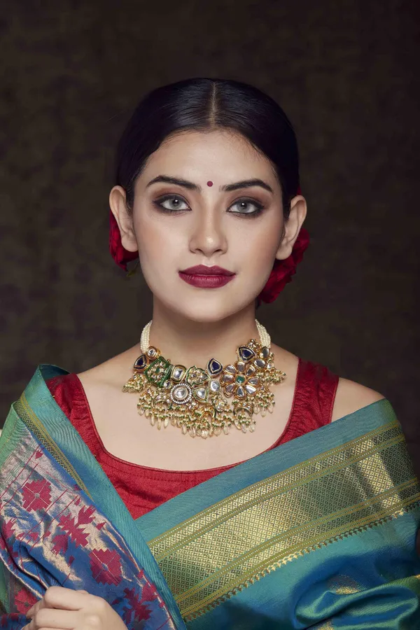 Earthy Blue & Green Kundan with Pearls Choker Necklace