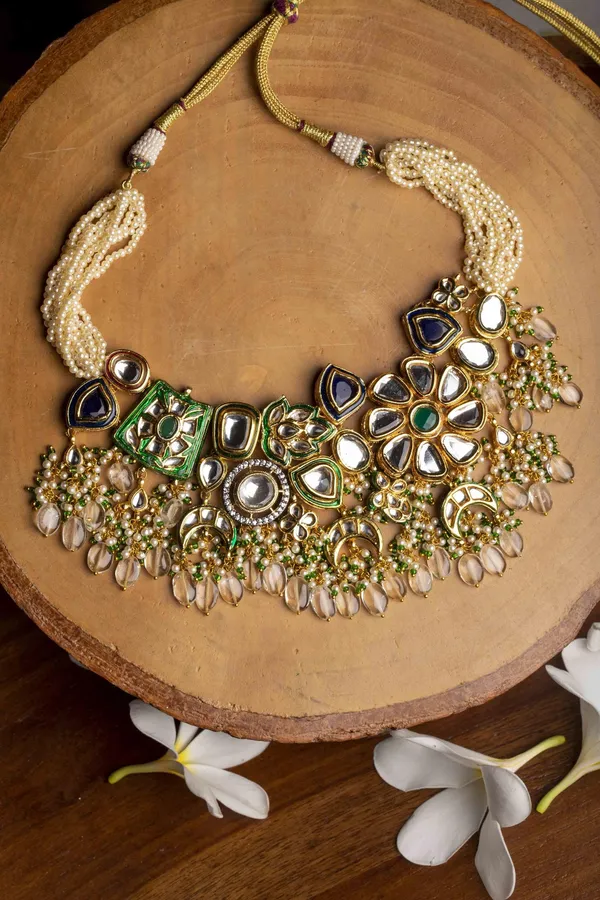 Earthy Blue & Green Kundan with Pearls Choker Necklace