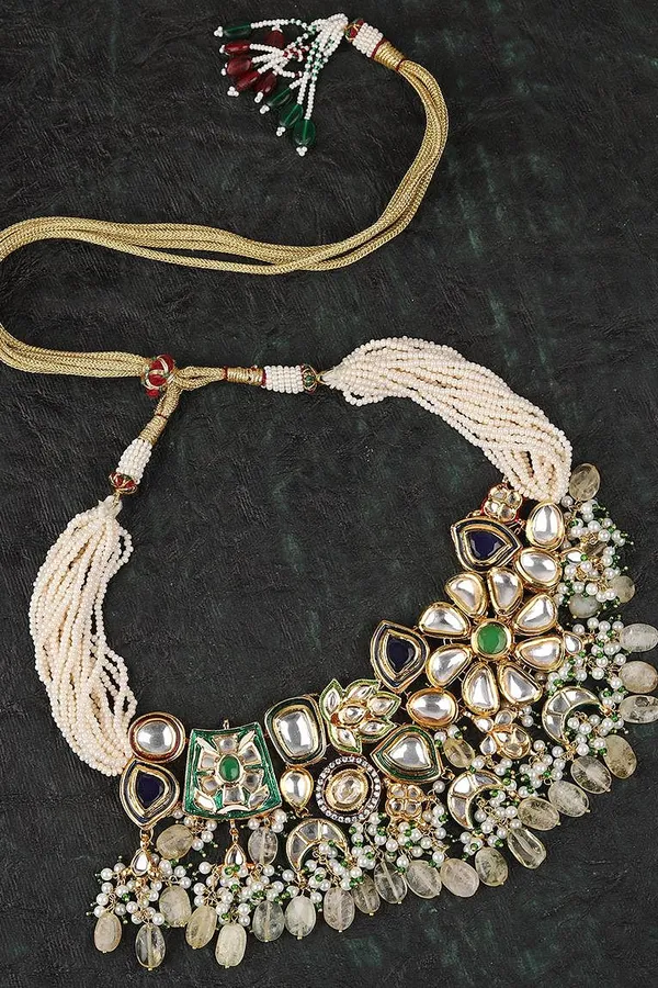 Earthy Blue & Green Kundan with Pearls Choker Necklace