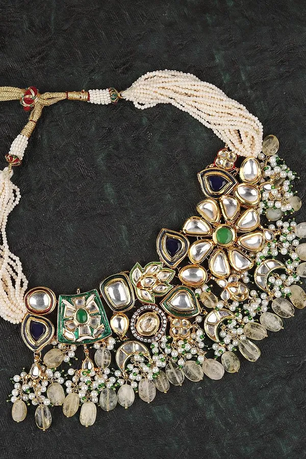 Earthy Blue & Green Kundan with Pearls Choker Necklace