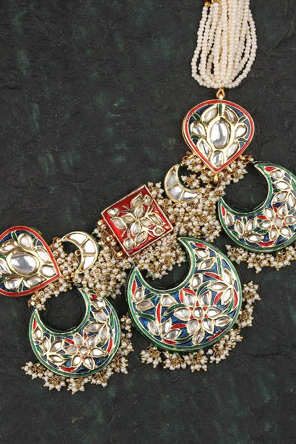 Green & Blue Meenakari Chand Kundan Choker Necklace