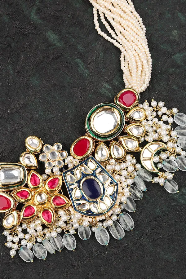 Blue & Green Kundan with Pearls Asymetric Choker Necklace