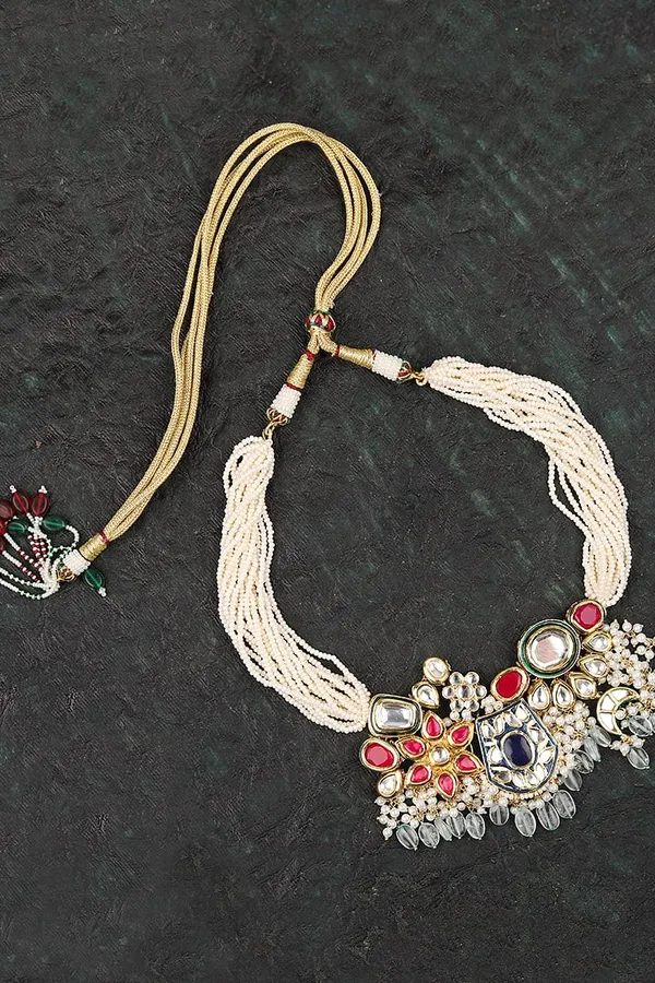 Blue & Green Kundan with Pearls Asymetric Choker Necklace