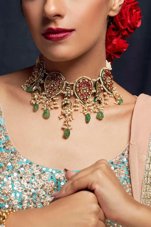Guldasta Red with Green Drops Kundan Choker Necklace