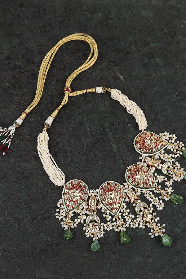 Guldasta Red with Green Drops Kundan Choker Necklace