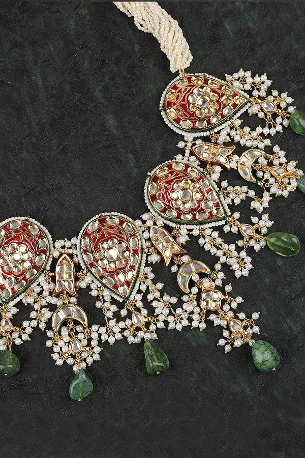 Guldasta Red with Green Drops Kundan Choker Necklace