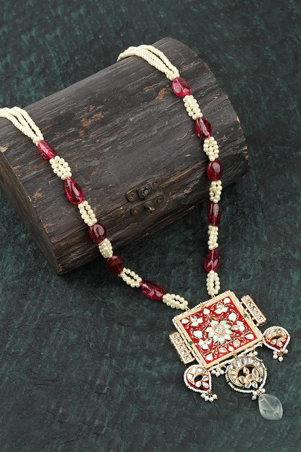 Red & Mint Green Meenakari with Pearls Kundan Necklace