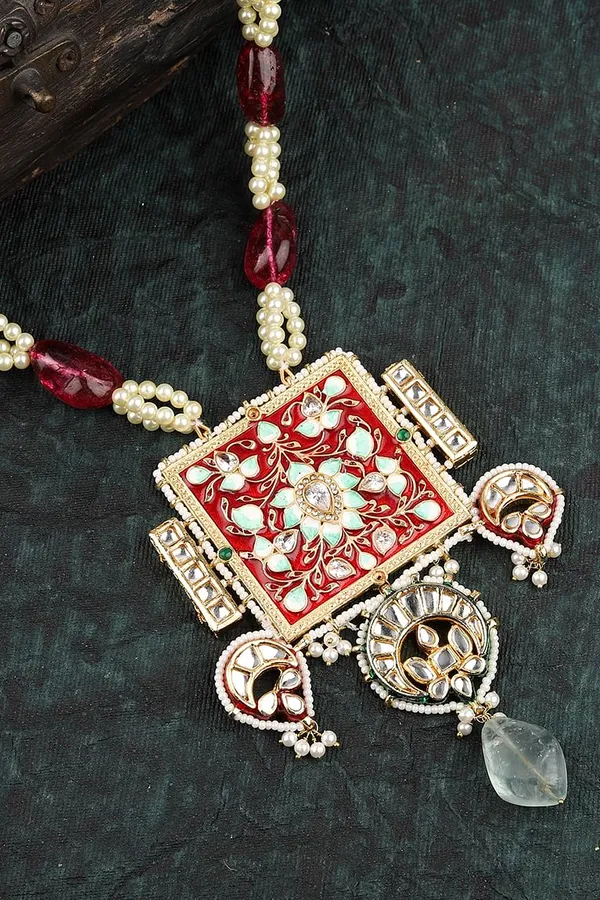 Red & Mint Green Meenakari with Pearls Kundan Necklace