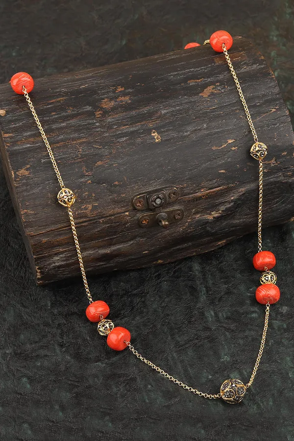 Coral Zirconia Beads Studded Necklace