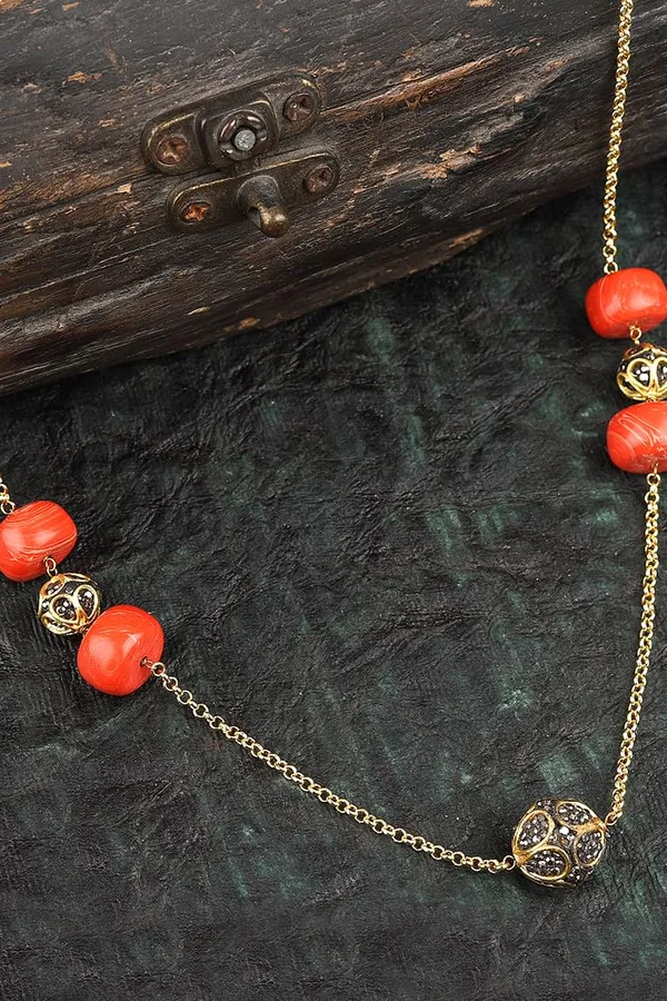 Coral Zirconia Beads Studded Necklace
