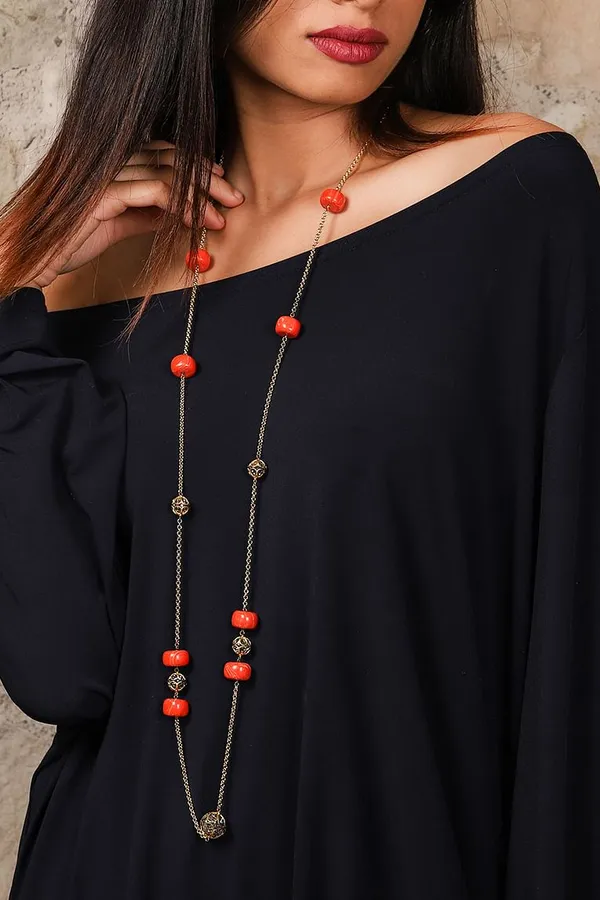 Coral Zirconia Beads Studded Necklace