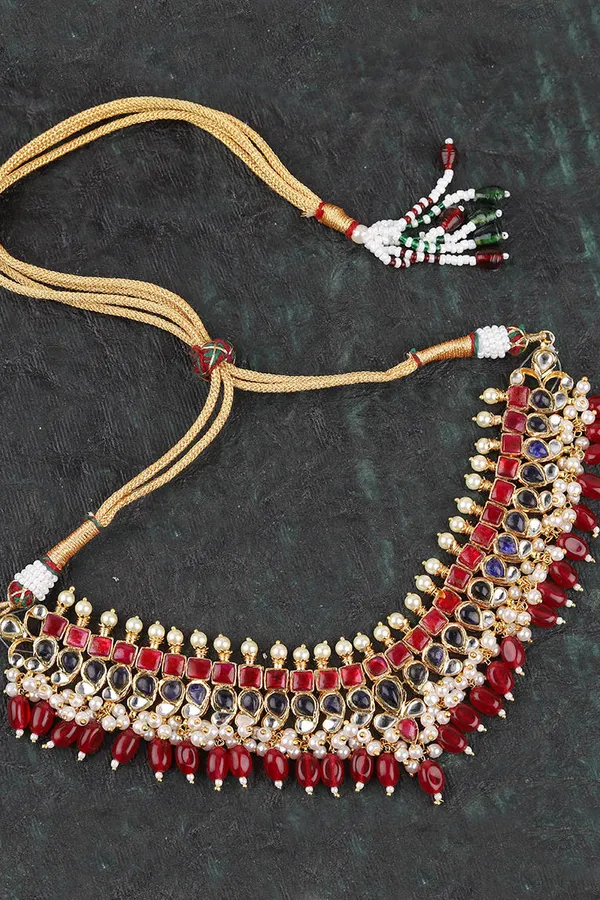 Dark Bllue & Red Gold Finish Kundan Choker Necklace