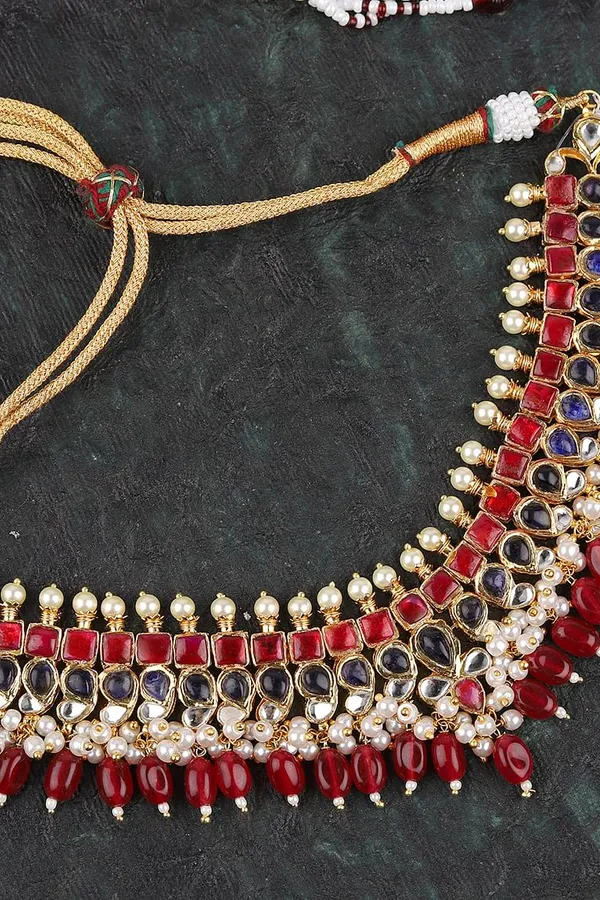 Dark Bllue & Red Gold Finish Kundan Choker Necklace