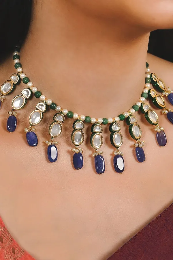 Kundan Buds Necklace with Blue Drops