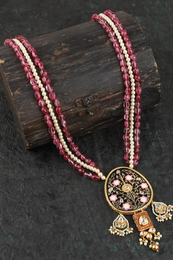 Black Meenakari with Tourmaline Pearls Kundan Necklace