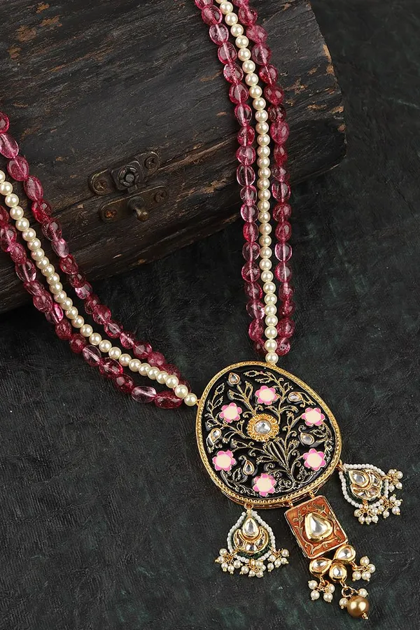 Black Meenakari with Tourmaline Pearls Kundan Necklace