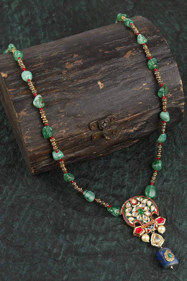Pink & Green Meeakari & Pearls Kundan Necklace