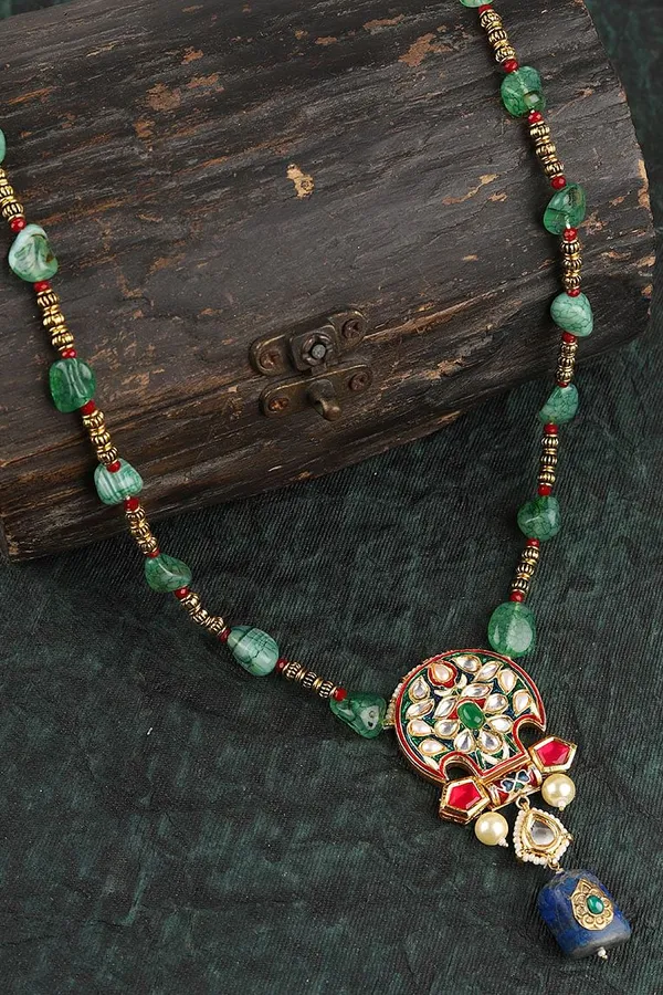 Pink & Green Meeakari & Pearls Kundan Necklace