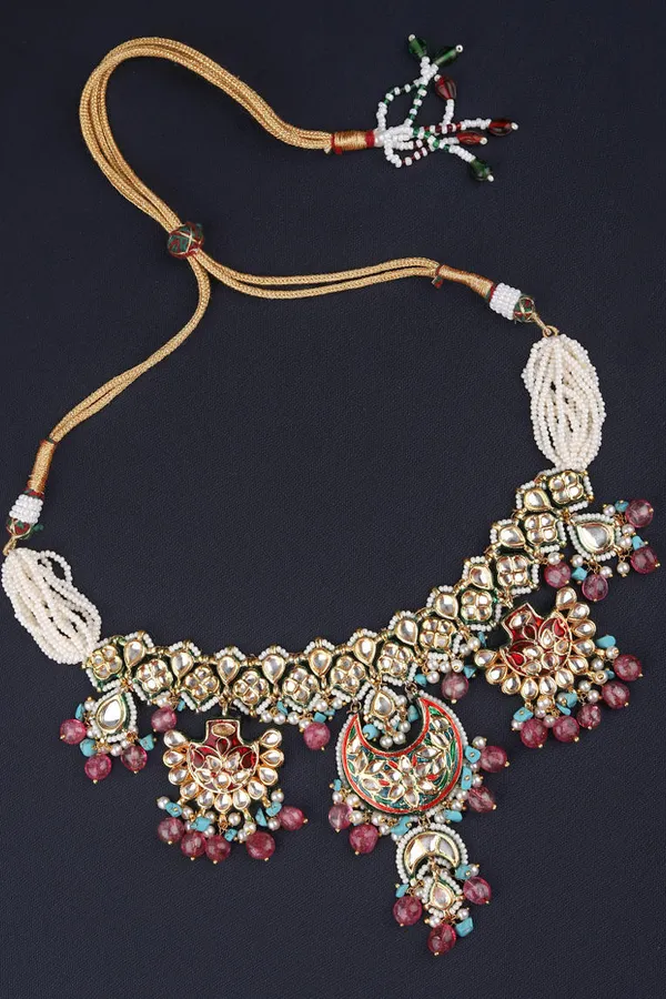 Blue & Red Meenakari Pearl Kundan Choker Necklace
