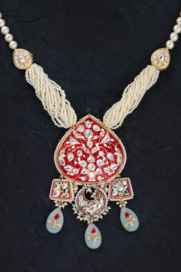 Red Meenakari with Pearl Strings Kundan Necklace