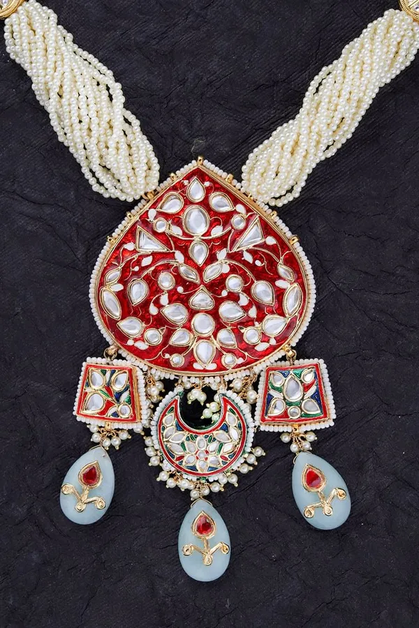 Red Meenakari with Pearl Strings Kundan Necklace