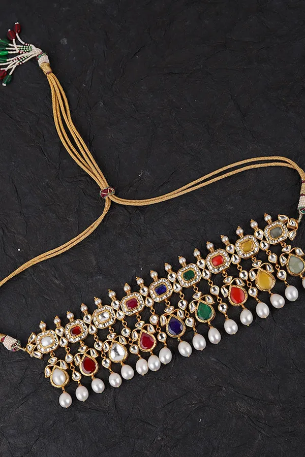 Navratna Jadau Pearl Detail Kundan Choker Necklace