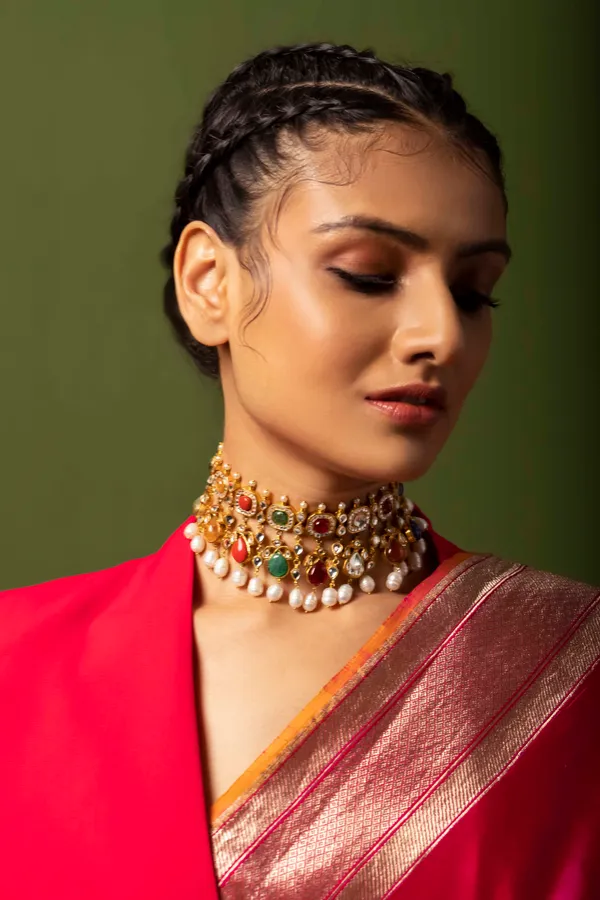 Navratna Jadau Pearl Detail Kundan Choker Necklace