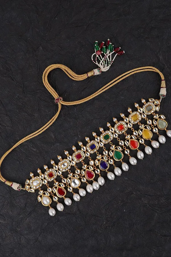 Navratna Jadau Pearl Detail Kundan Choker Necklace