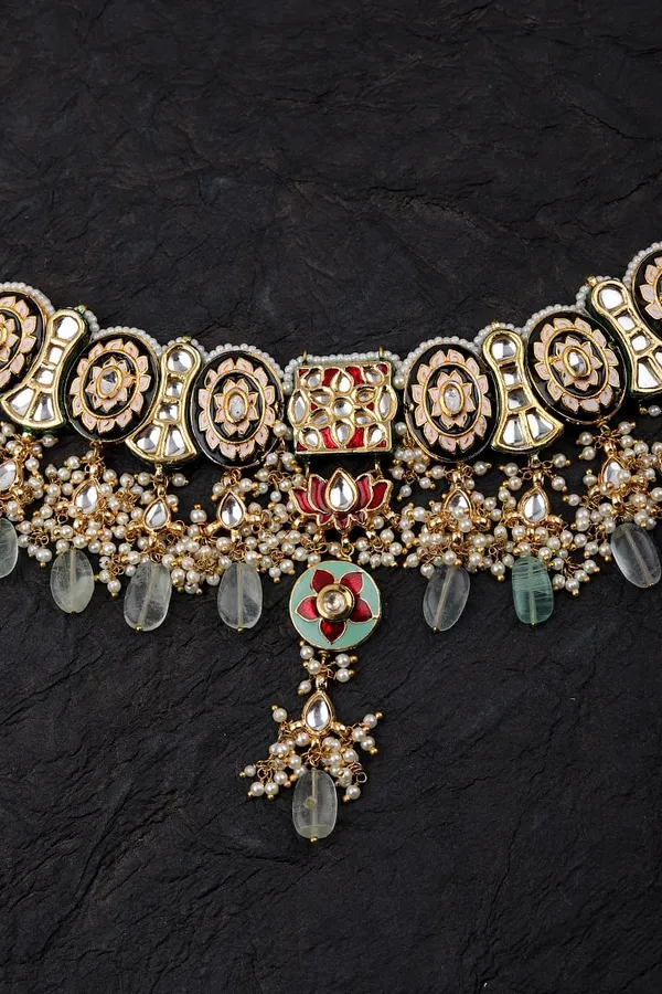 Black Meenakari with Barium Drops Kundan Choker Necklace