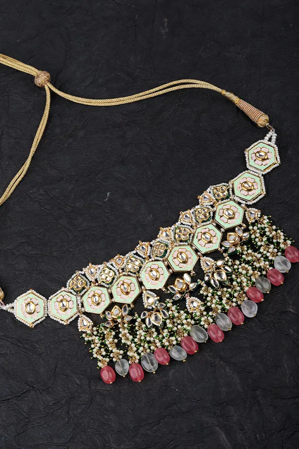 Green Meenakari with Red & Green Stones Kundan Choker Necklace
