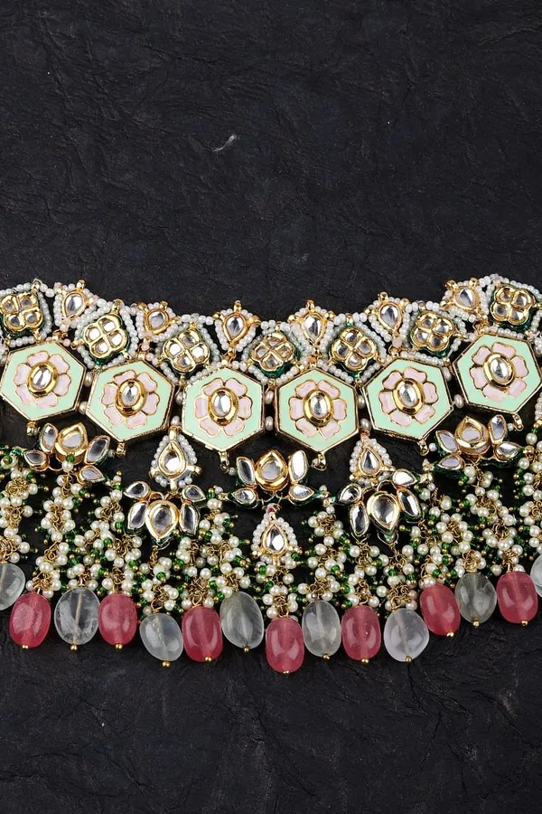 Green Meenakari with Red & Green Stones Kundan Choker Necklace