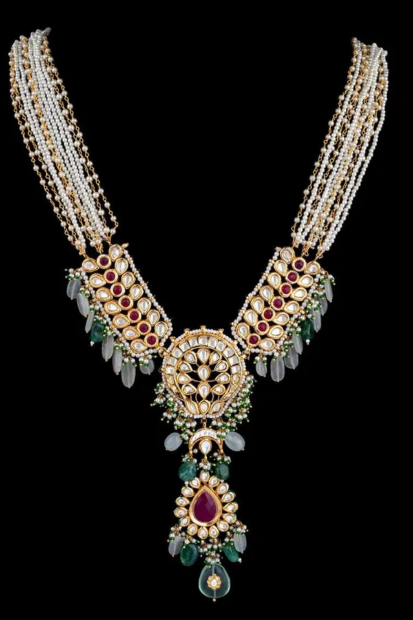 Emerald with Barium & Pearls Rani Haar Necklace
