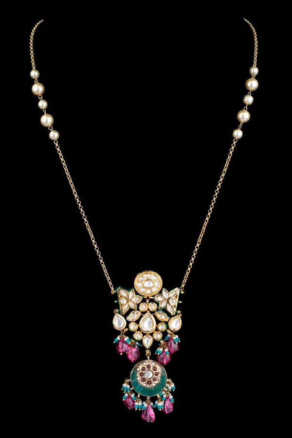 Tourmaline Drop Green & Sky Blue Kundan Lone Necklace