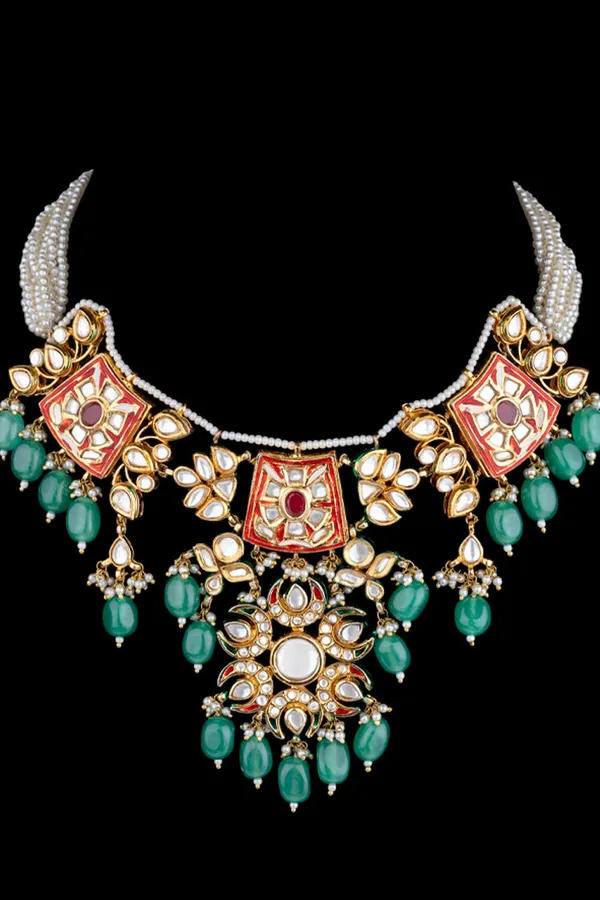Red & Green Meenakari with Pearls Kundan Choker Necklace
