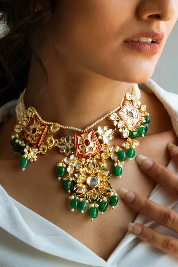Red & Green Meenakari with Pearls Kundan Choker Necklace