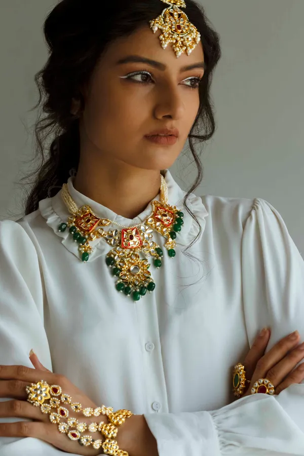 Red & Green Meenakari with Pearls Kundan Choker Necklace