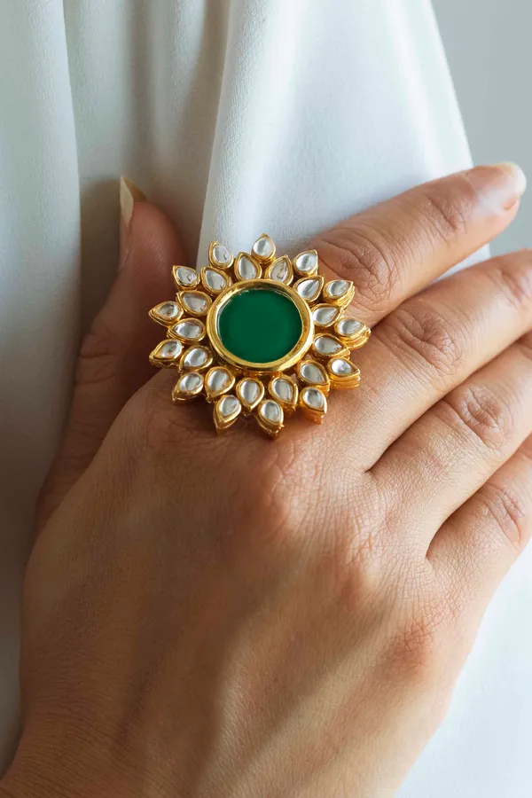 Green Floral Motif Kundan Cocktail Ring